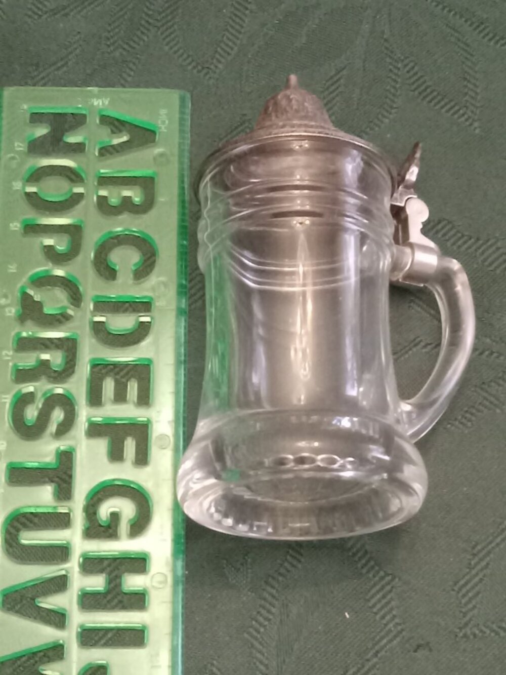 Vintage mini sized glass/pewter lidded shot glass mug with interesting designs